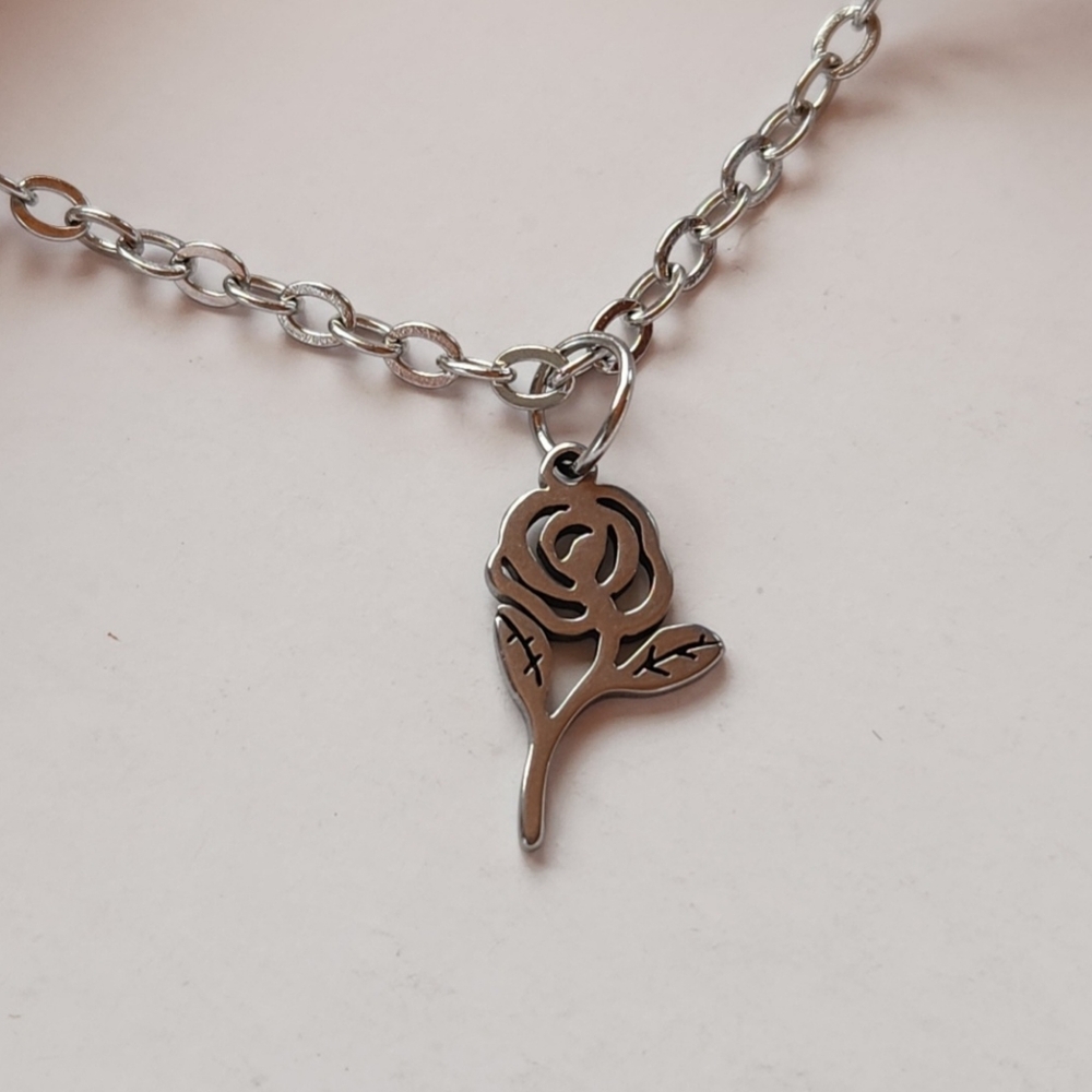 Stainless Steel Necklace - Rose Charm Necklace - Rose Necklace